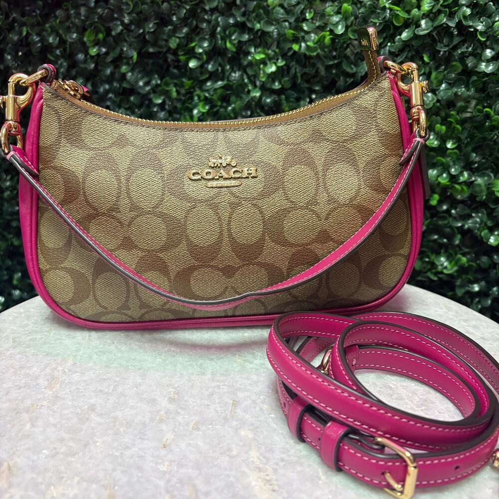 Coach Teri Shoulder Bag Logo Beige Fuschia Pink